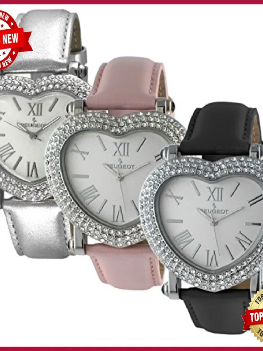 Heart Shaped Crystal Studded Wrist Watch with Leather Strap
